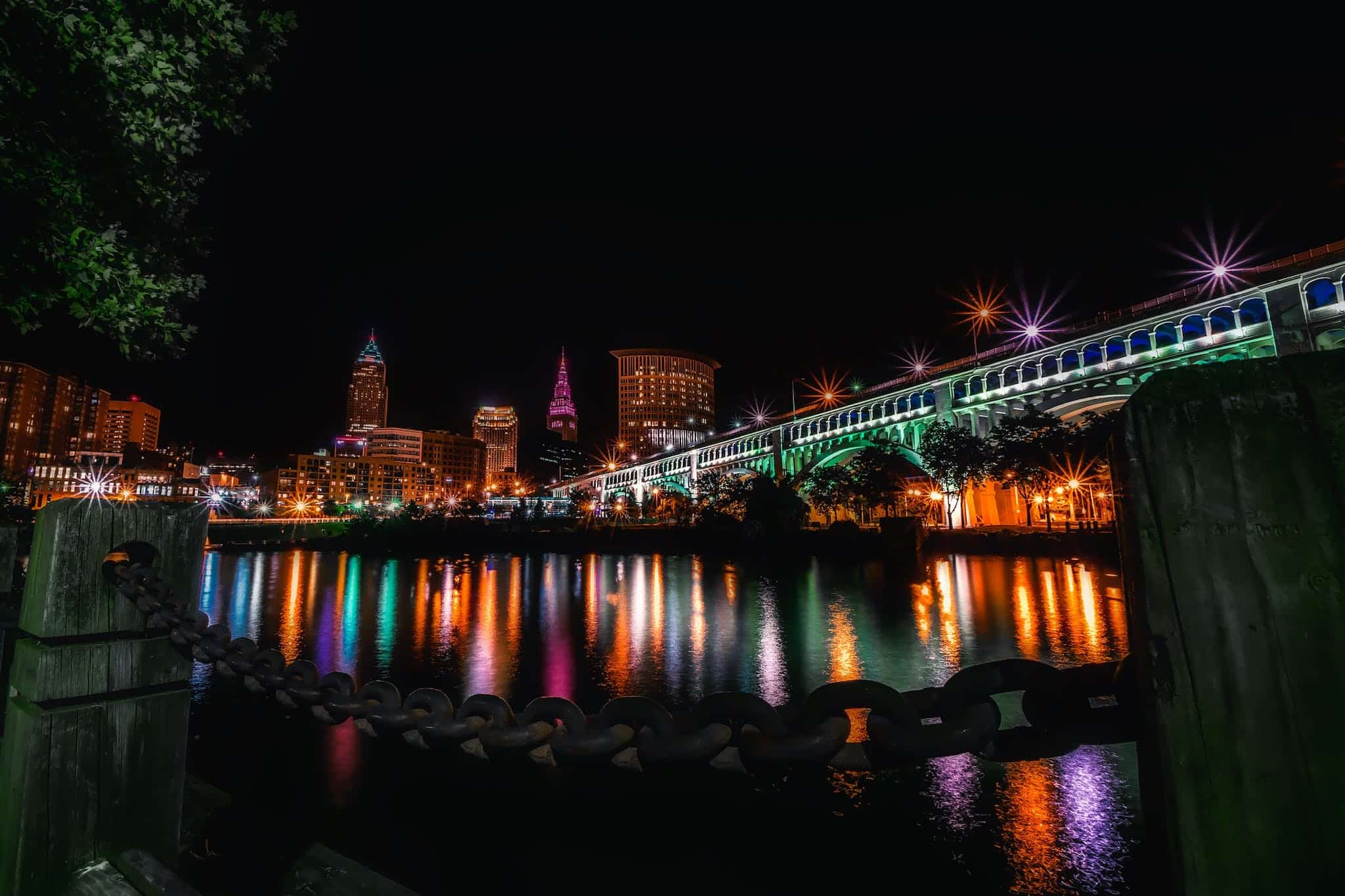 Reflection of Illuminated Buildings in Water at Night in ohio