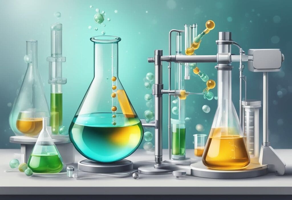 A set of laboratory flasks containing Cannabis Edibles on a table.