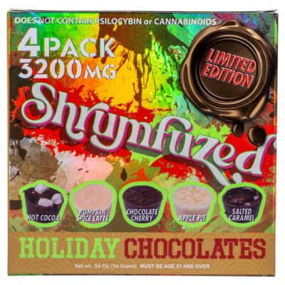 Shrumfuzed Nootropic Mushroom Chocolate 4pc with festive flavors like Hot Cocoa, Pumpkin Spice Latte, and more.