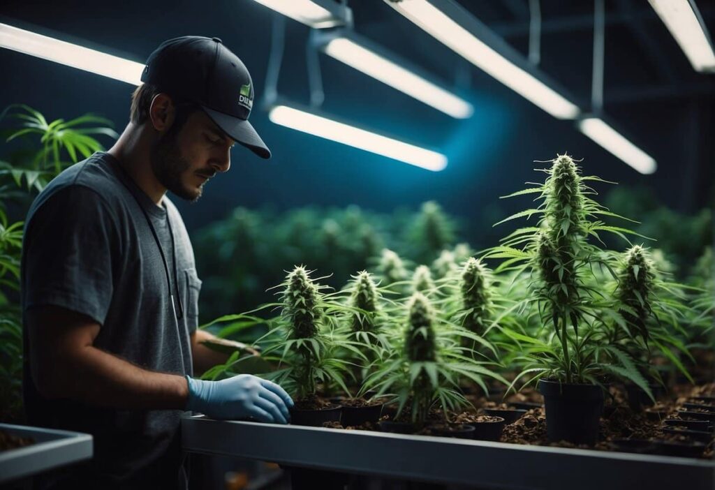 A man inspecting marijuana plants in a greenhouse in Rhode Island.