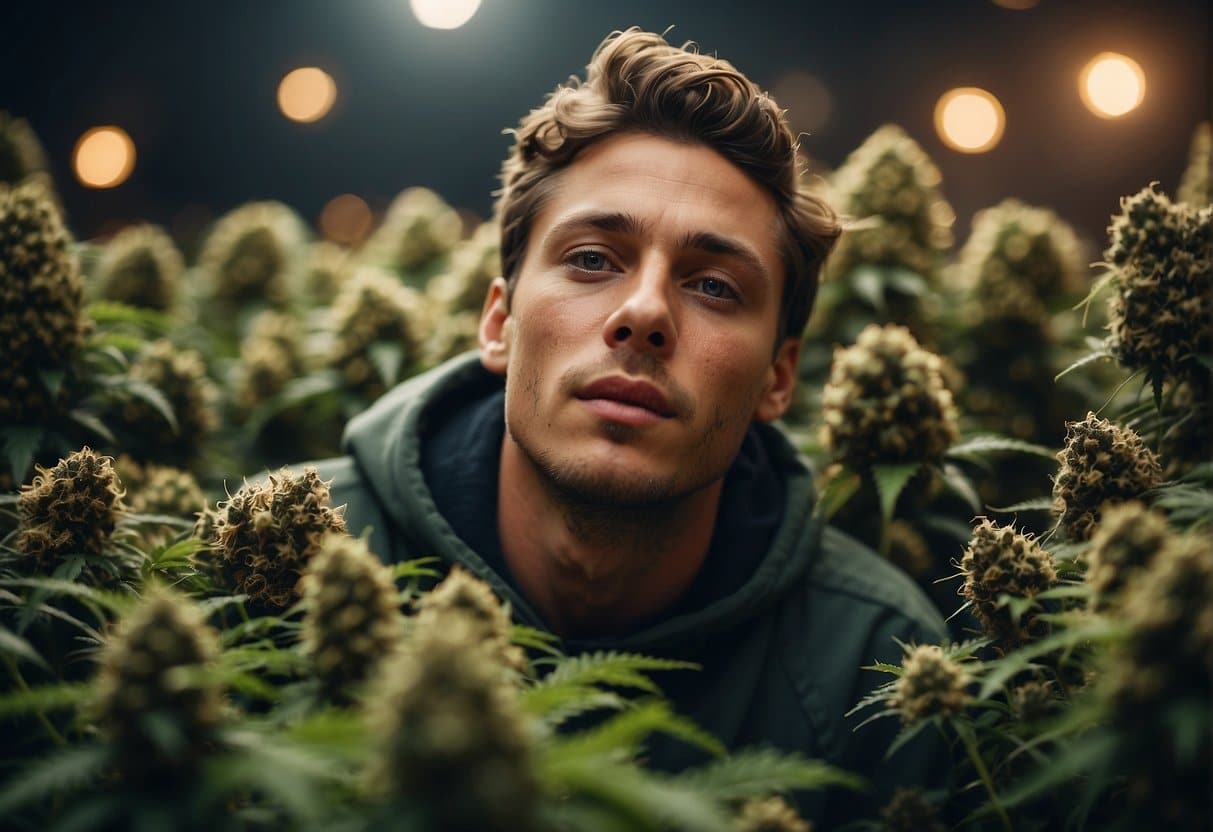 A young man immersed in a field of marijuana plants, experiencing euphoria while surrounded by various weed strains that elevate his senses.