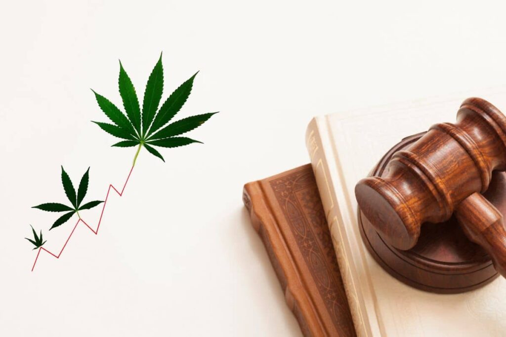 A gavel with a marijuana leaf on top of it, representing the legality of THCa in Arkansas.