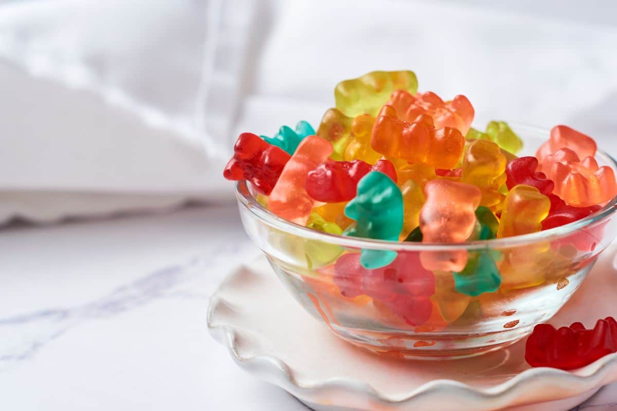 CBD and THC gummies kept open in the bowl.