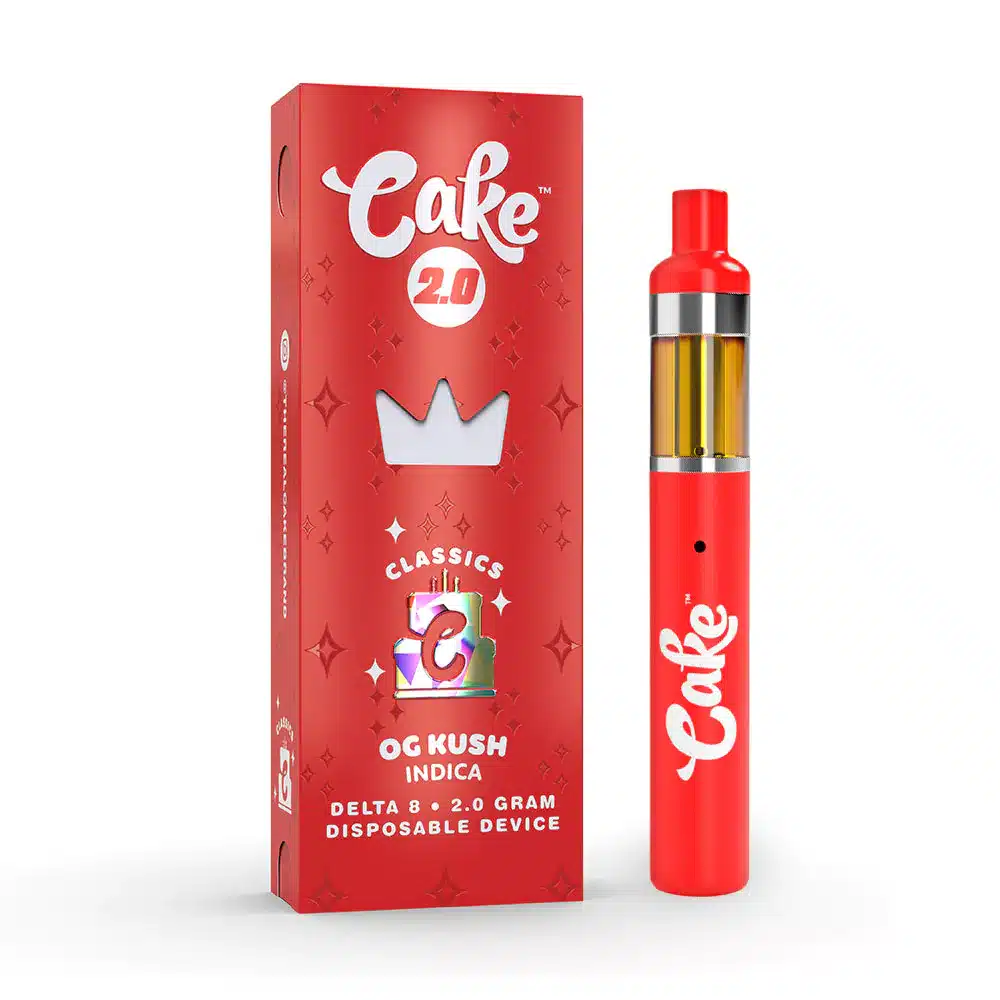 Close-up of Cake 2.0 Delta-8 THC Vape OG Kush Flavor