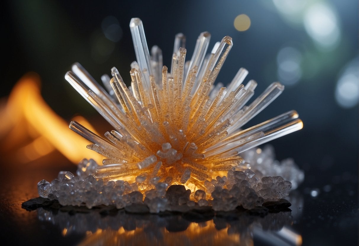 THCa crystals on a dark background with a light shining on them, undergoing decarboxylation.