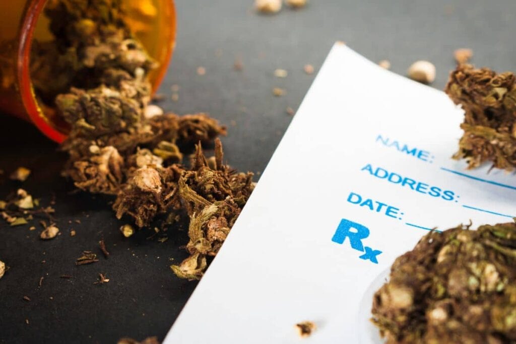 Doctor's prescription form with marijuana aside it depicting its medical use.