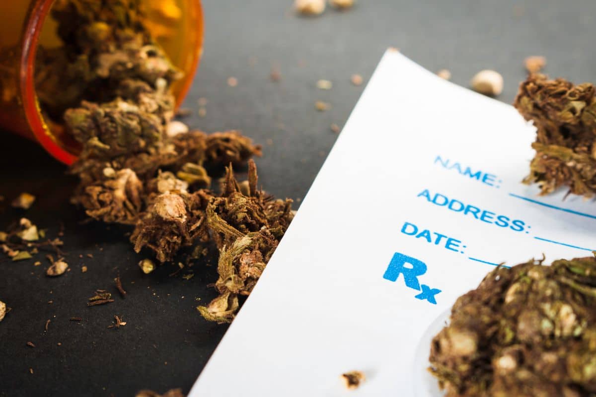 Doctor's prescription form with marijuana aside it depicting its medical use.