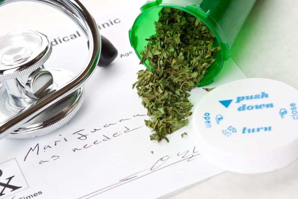Doctor's prescription with stethoscope and marijuana on it