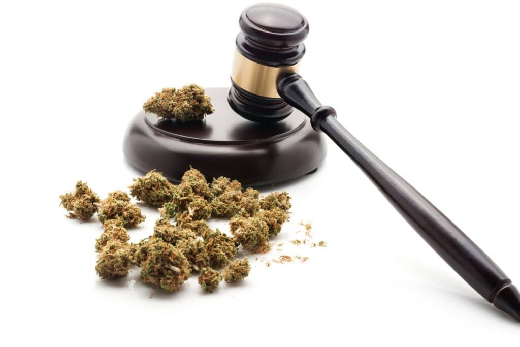 THCa crystals and a gavel on a white background.