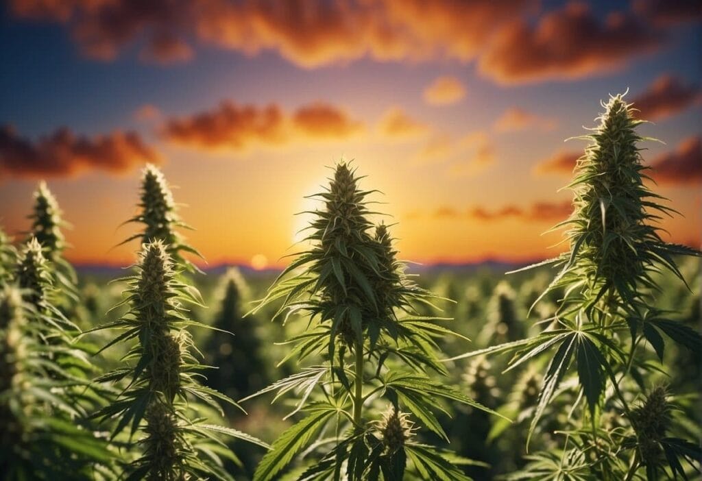 Hemp plants in a field, bathed in the glow of a stunning sunset of kansas state.