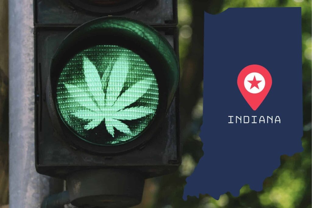 A traffic light with a green marijuana leaf and a map of Indiana, indicating the legality of THCa in the state.