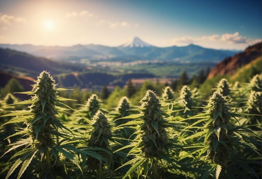 Cannabis plants in a field with mountains in the background, showcasing the natural beauty of Oregon's landscape.