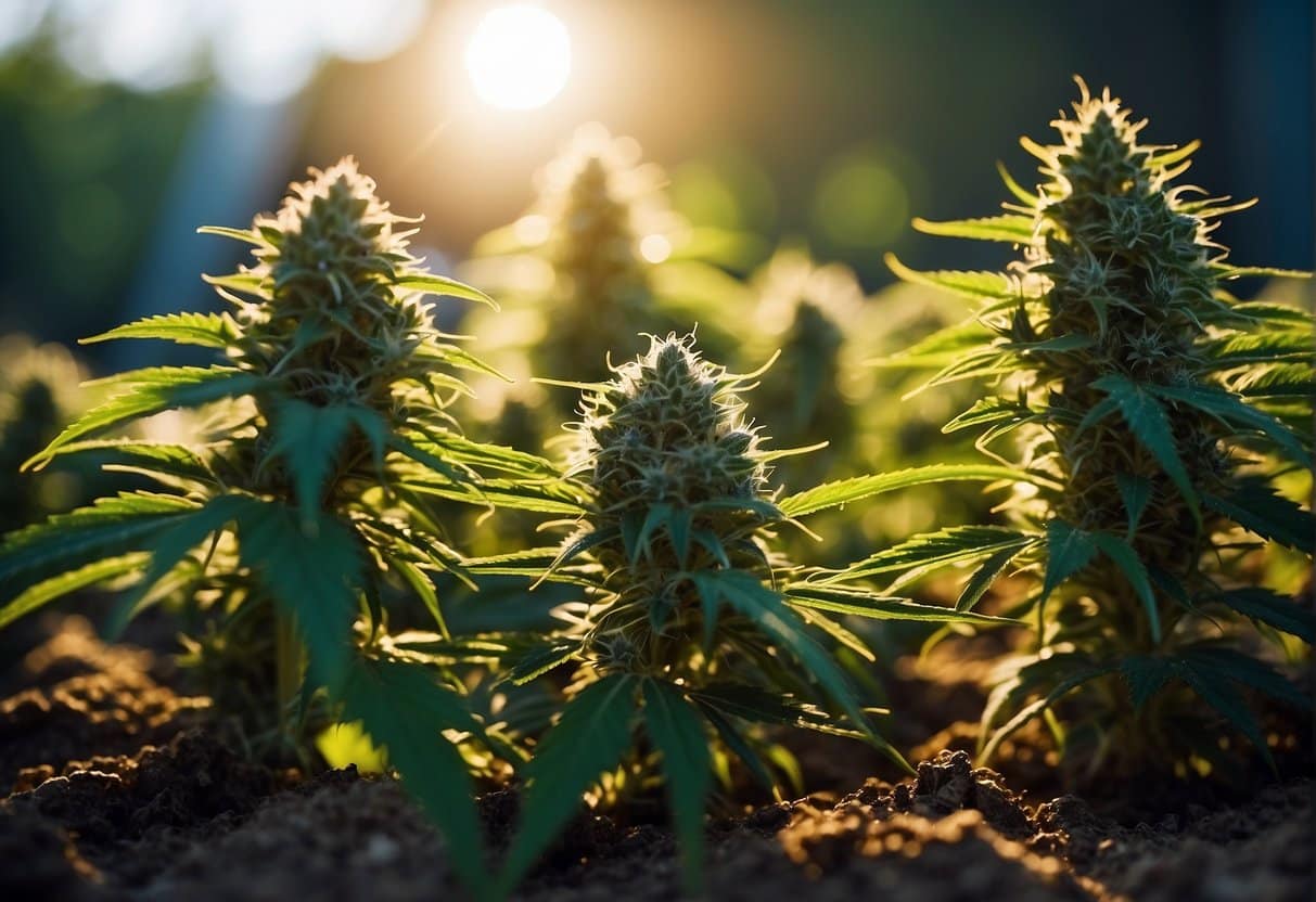 Various weed strains plant in a field with the sun shining on them.