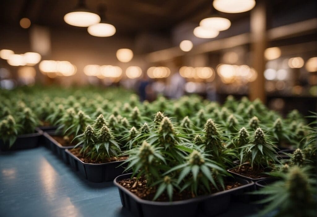 THCa-rich cannabis plants cultivated in trays inside a Louisiana warehouse.