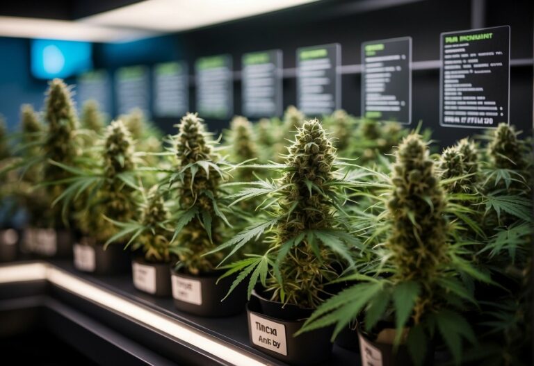 Cannabis plants, known for their pain relief and comfort properties, are proudly displayed in a store showcasing various weed strains.