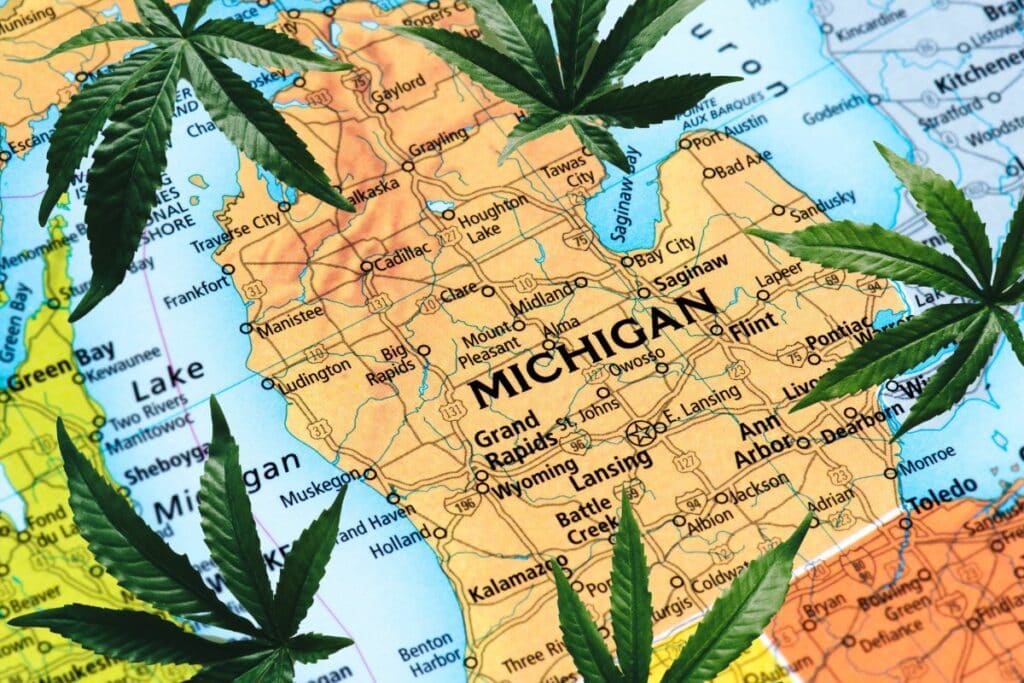THCa-infused Marijuana leaves on a map of Michigan.