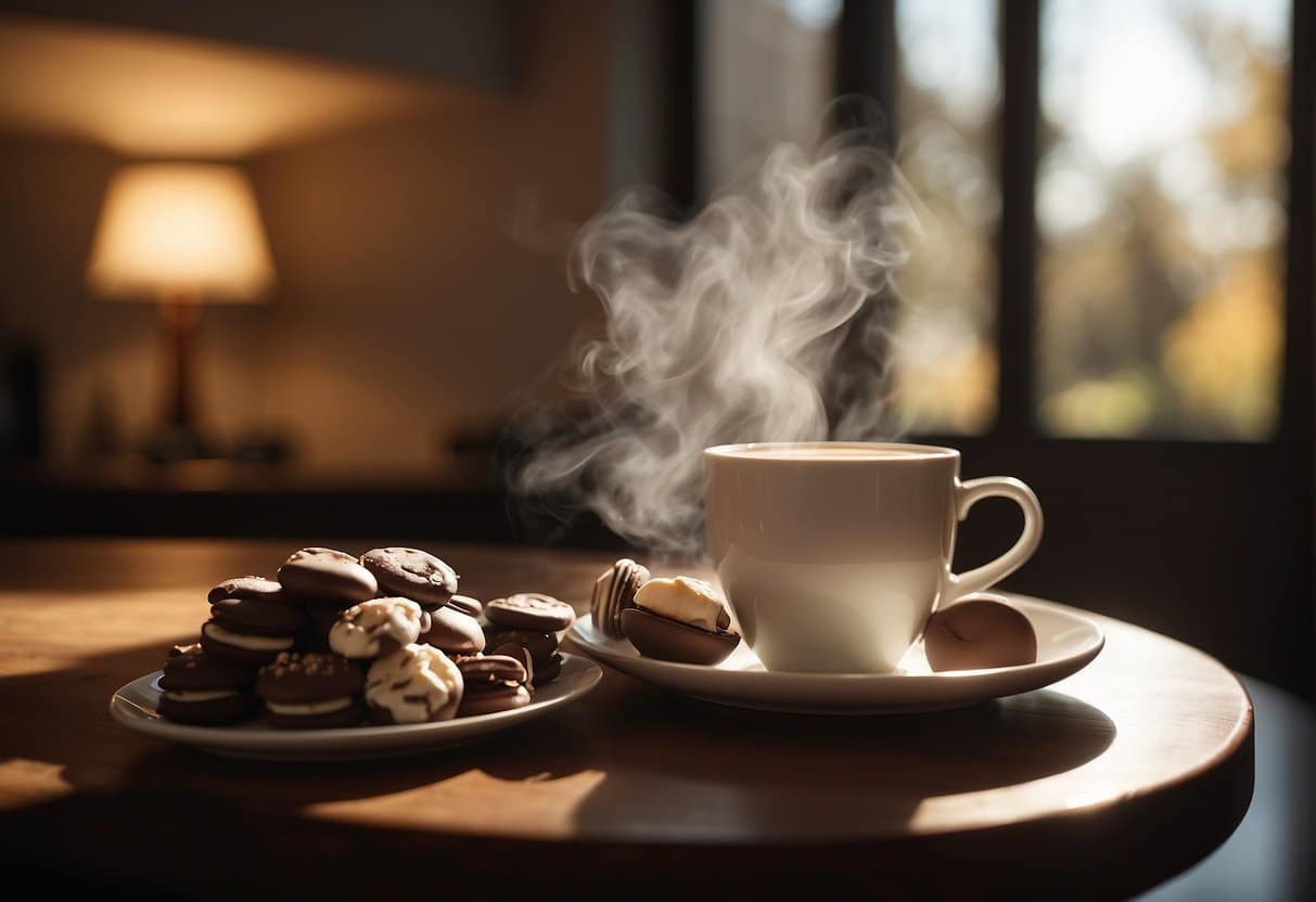 Mushroom chocolate and a cup of coffee kept together for the snack.
