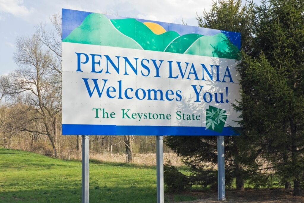 Pennsylvania welcomes you sign and marijuana leaf on it