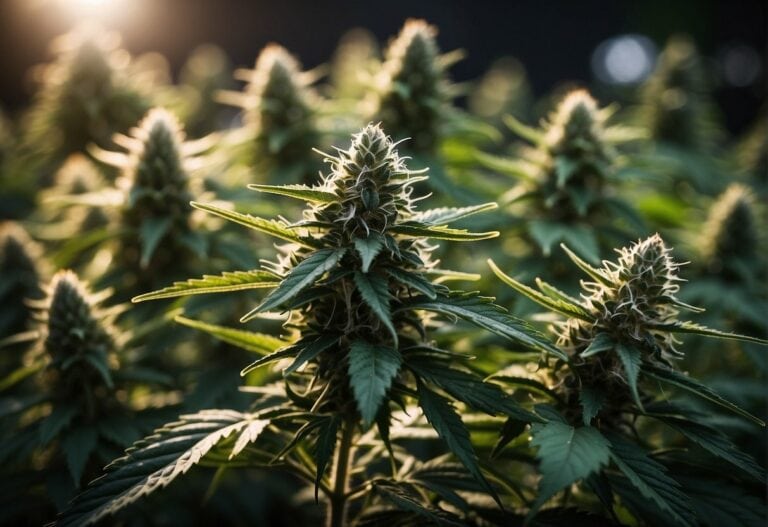 Sativa strains of cannabis plants in a field with the sun shining on them, attracting cannabis enthusiasts.