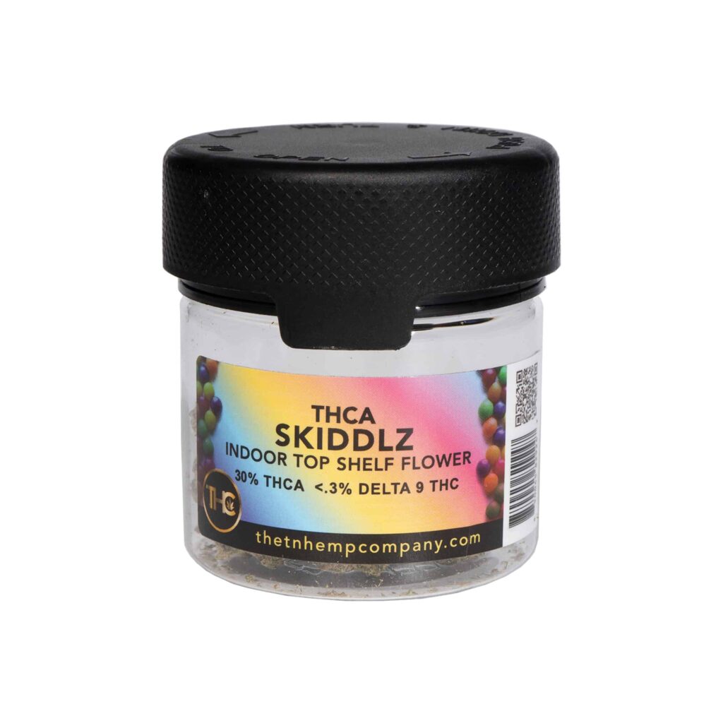 A premium small plastic container with a black lid for The TN Hemp Company Premium THCa Indoor Flower 3.5g from TN Hemp Company.