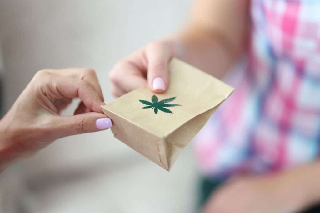 A woman is holding a paper bag with a marijuana leaf on it, pondering the legal status of THCa in New York.