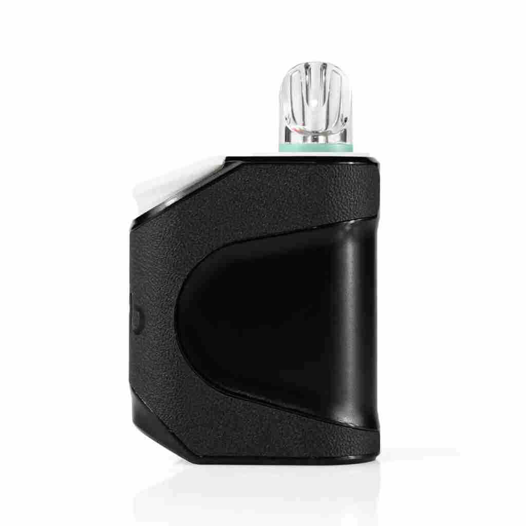 A close-up of a black Urb 510 Clicker Battery reveals its sleek, curved design with a glossy top and transparent protrusion, highlighting its compact, modern features.