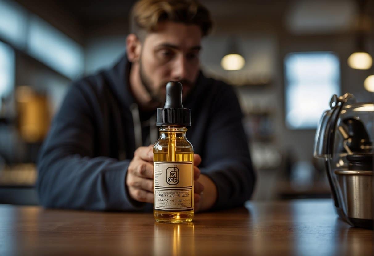 A man holding a bottle of e-liquid that contains delta 8 vape juice.