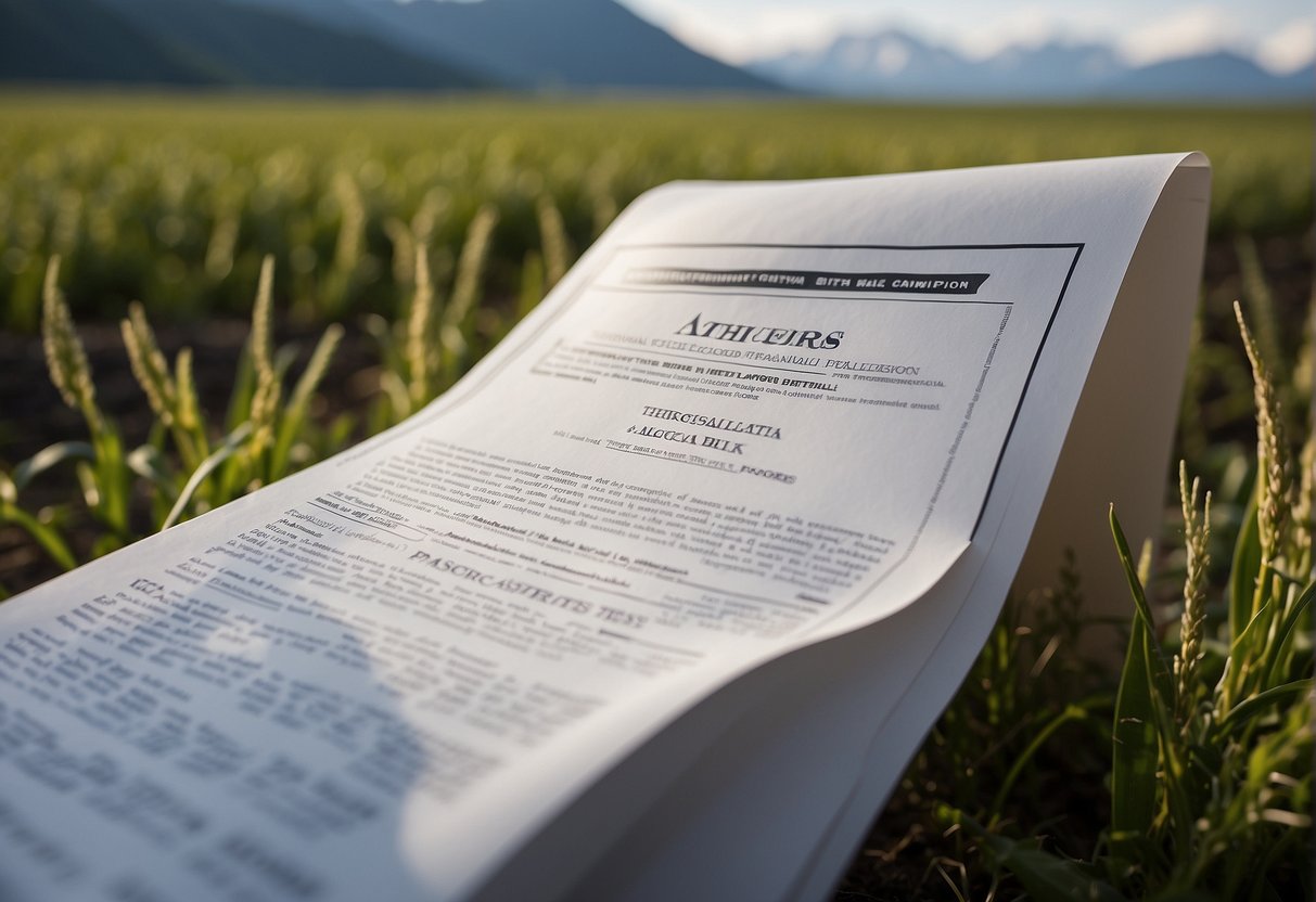 A legal document in the middle of a field with Alaska mountains in the background.