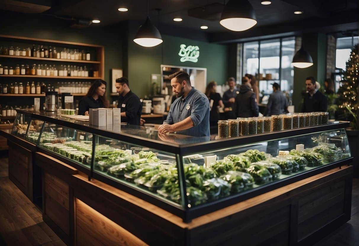 A greengrocer's counter with people standing in front of it. Can you enter a dispensary at 18?