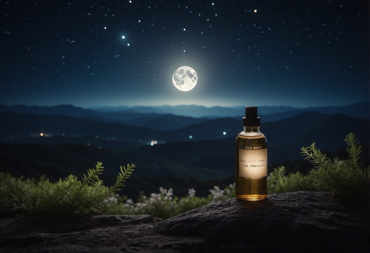 A bottle of essential oil infused with THCa, sitting on top of a rock, with the moon in the background. This sleep-inducing potion offers relaxation and tranquility.