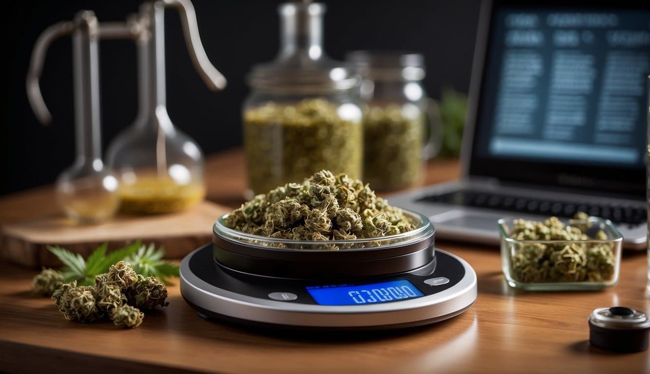 Auto Draft marijuana on a scale and a laptop on a table.