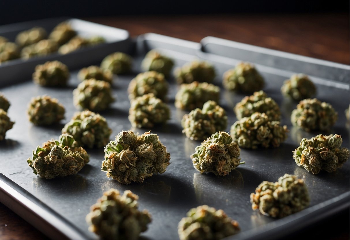 A tray full of THCa-rich marijuana buds on a table, awaiting decarboxylation.