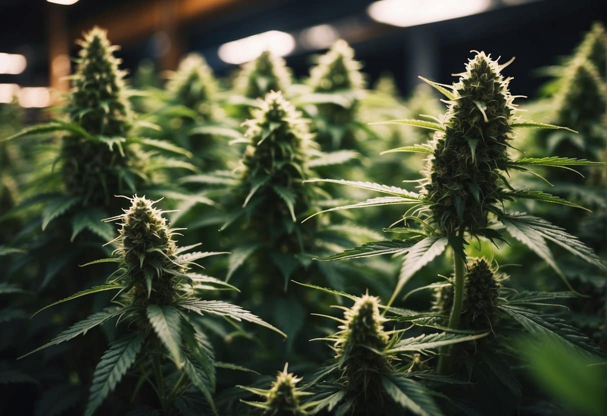 Cannabis plants growing in a greenhouse.