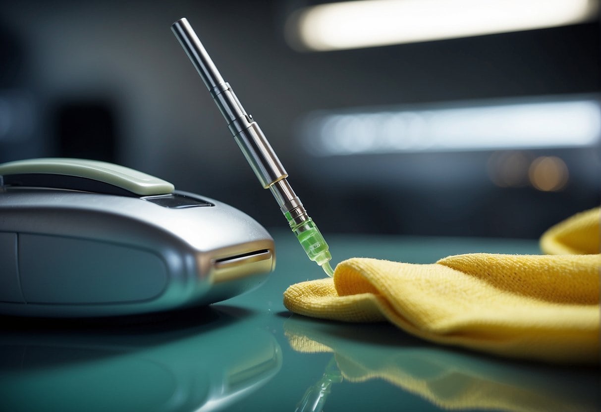 A malfunctioning pen and a yellow cloth on a table.