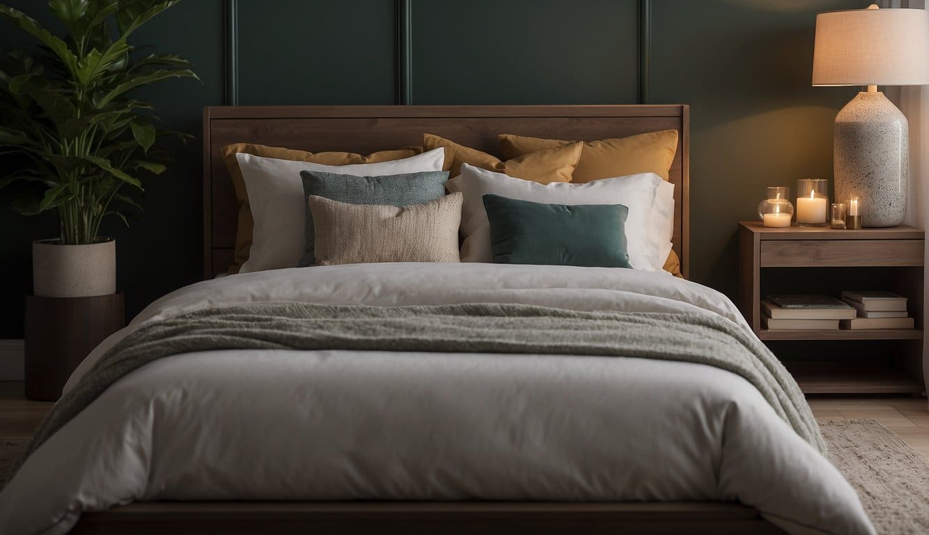 A Delta-8 infused bed with pillows and a lamp designed to help sleep.