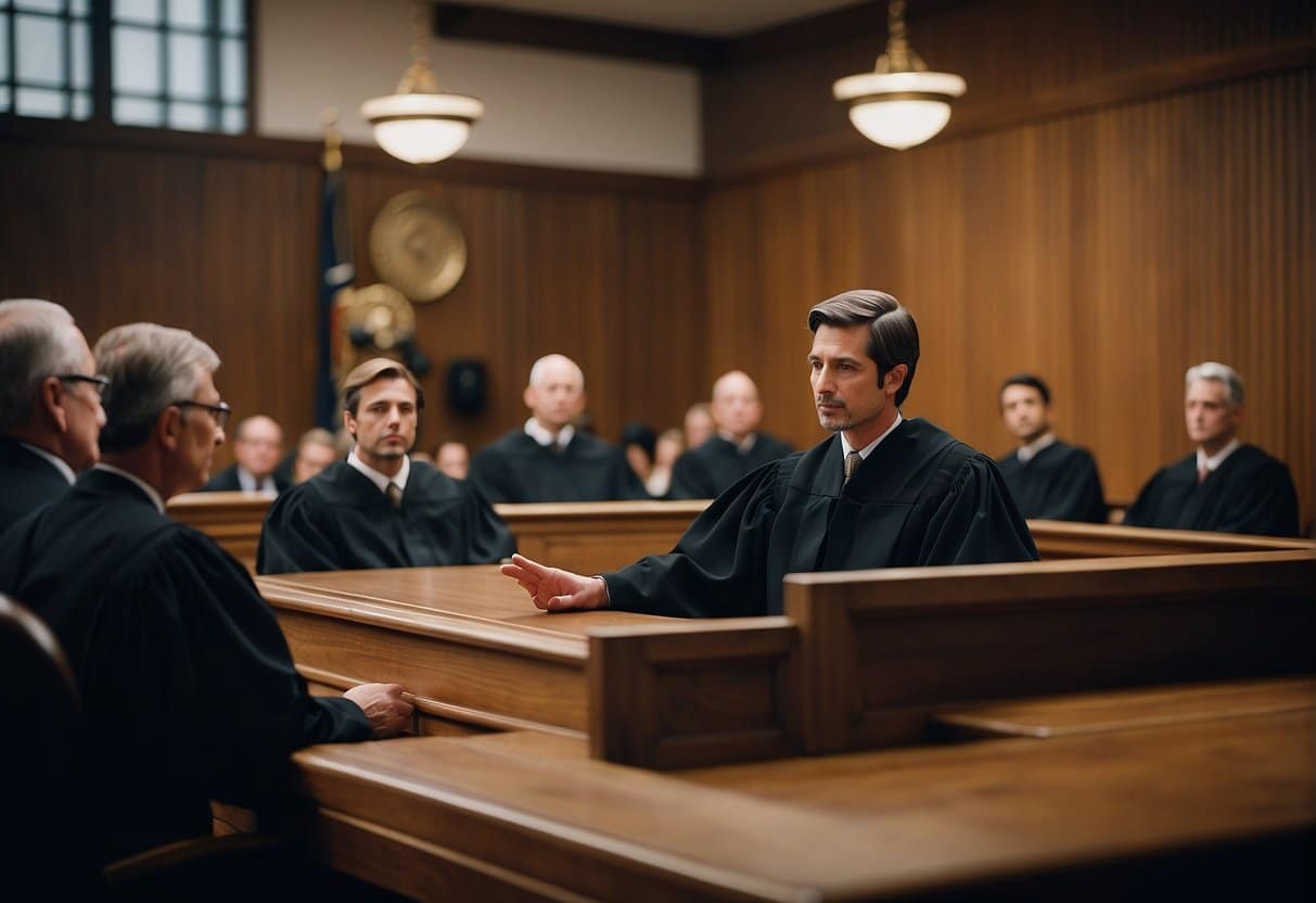A judge in Ohio speaks to a group of people in a courtroom.