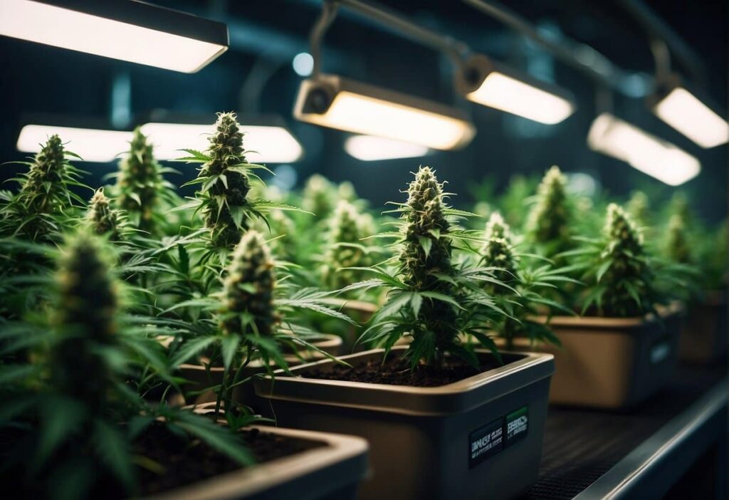 Cannabis plants growing in pots in a greenhouse, focusing on the cultivation of THCa flowers.