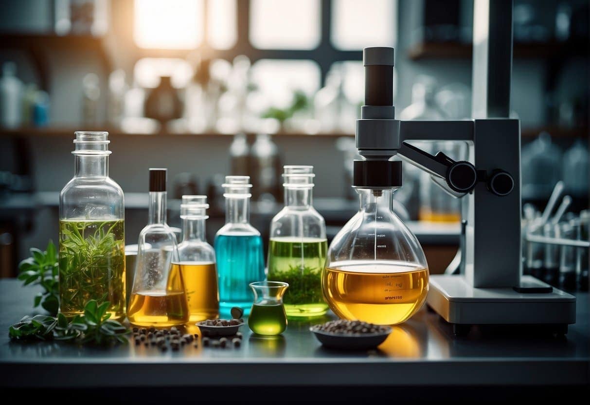 A laboratory with various bottles of liquids, including substances for making delta 8 stronger, on a table.