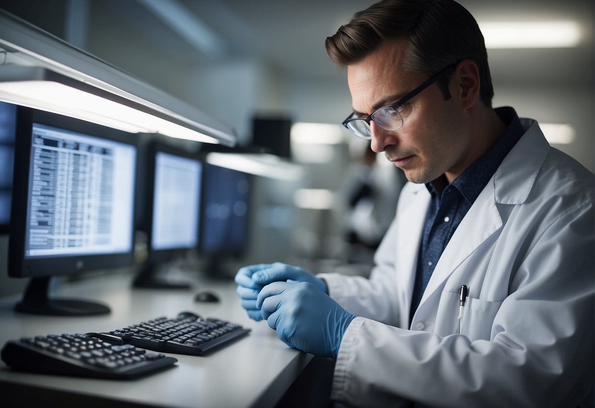 A man in a lab coat working on a computer, researching and analyzing THCa for the Ultimate Guide on drug tests.