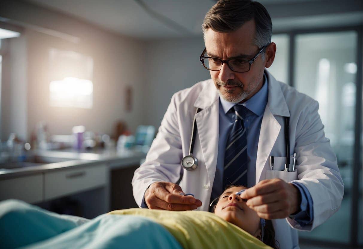 A doctor is examining a child in a hospital during an auto draft meeting.