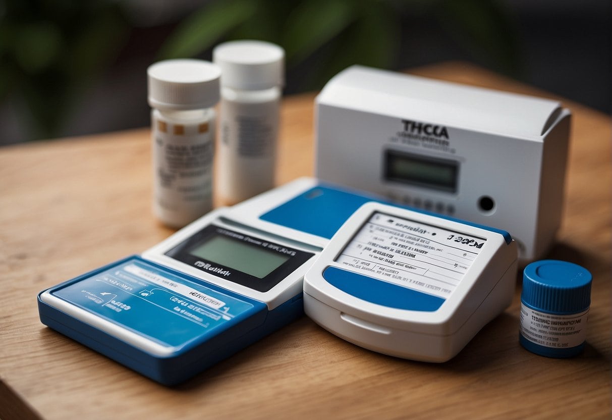 A digital blood meter, used for THCa drug tests, sits on a wooden table.