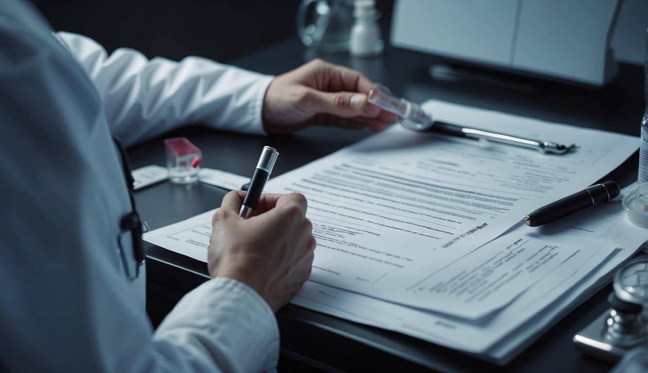 A doctor hurriedly scribbling notes on a piece of paper.