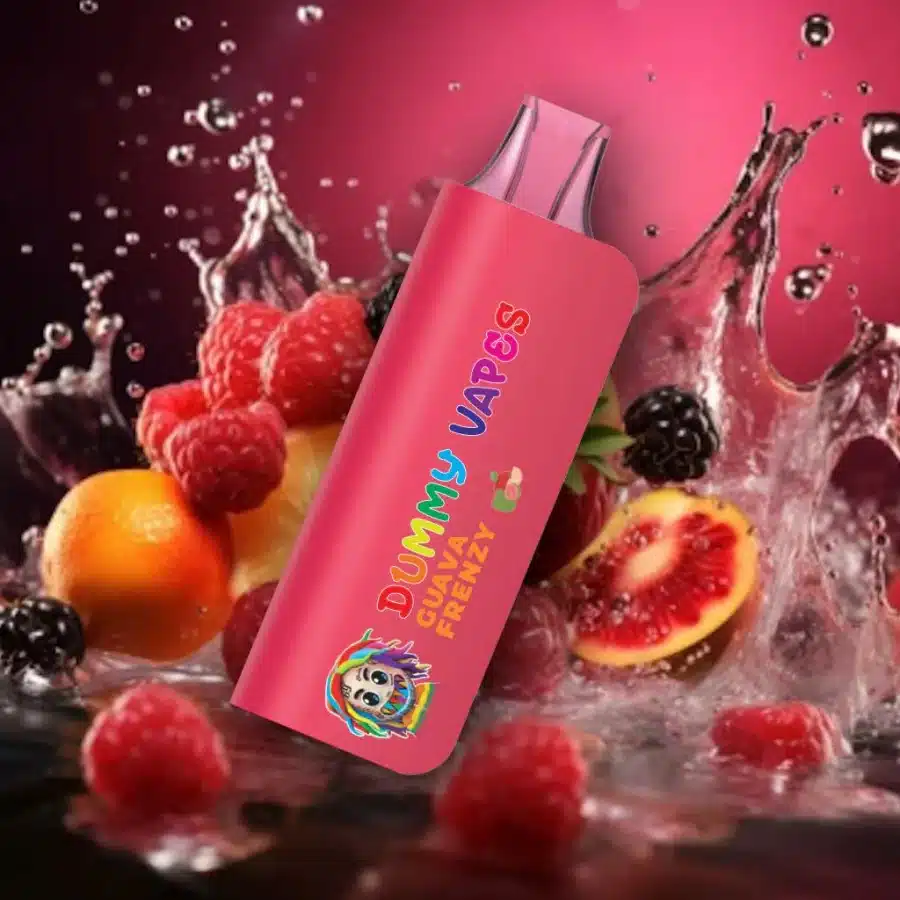 A Dummy Vapes 8000 Puffs 5% Nic Disposable Vape bottle of e-liquid with fruit and water on it.