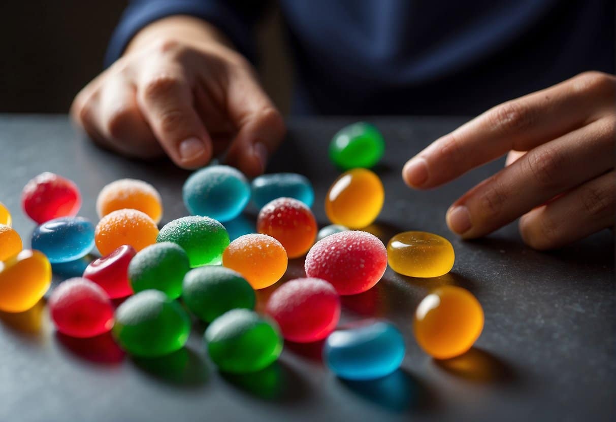 A person is carefully placing thc gummy candy on a table.