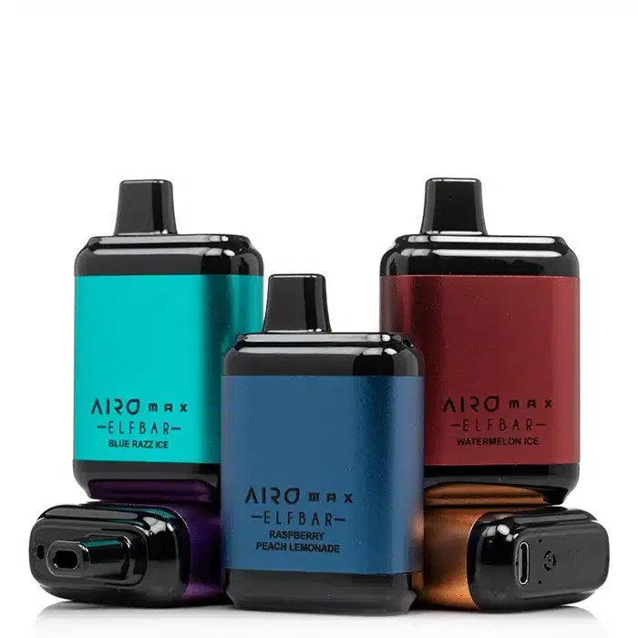 A variety of colorful Elf Bar Airo Max 5000 disposable vapes displayed on a clean white background.
