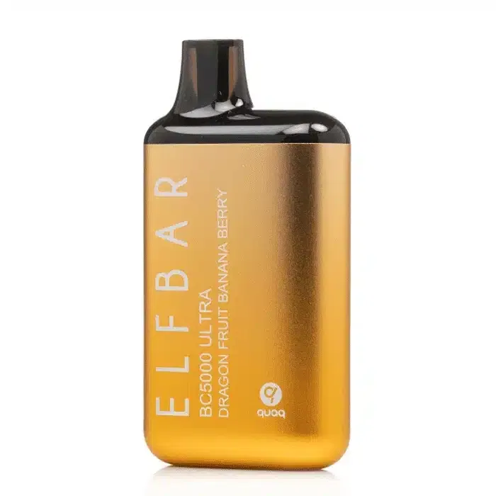 An Elf Bar BC5000 Ultra Disposable Vape with a gold label on it.