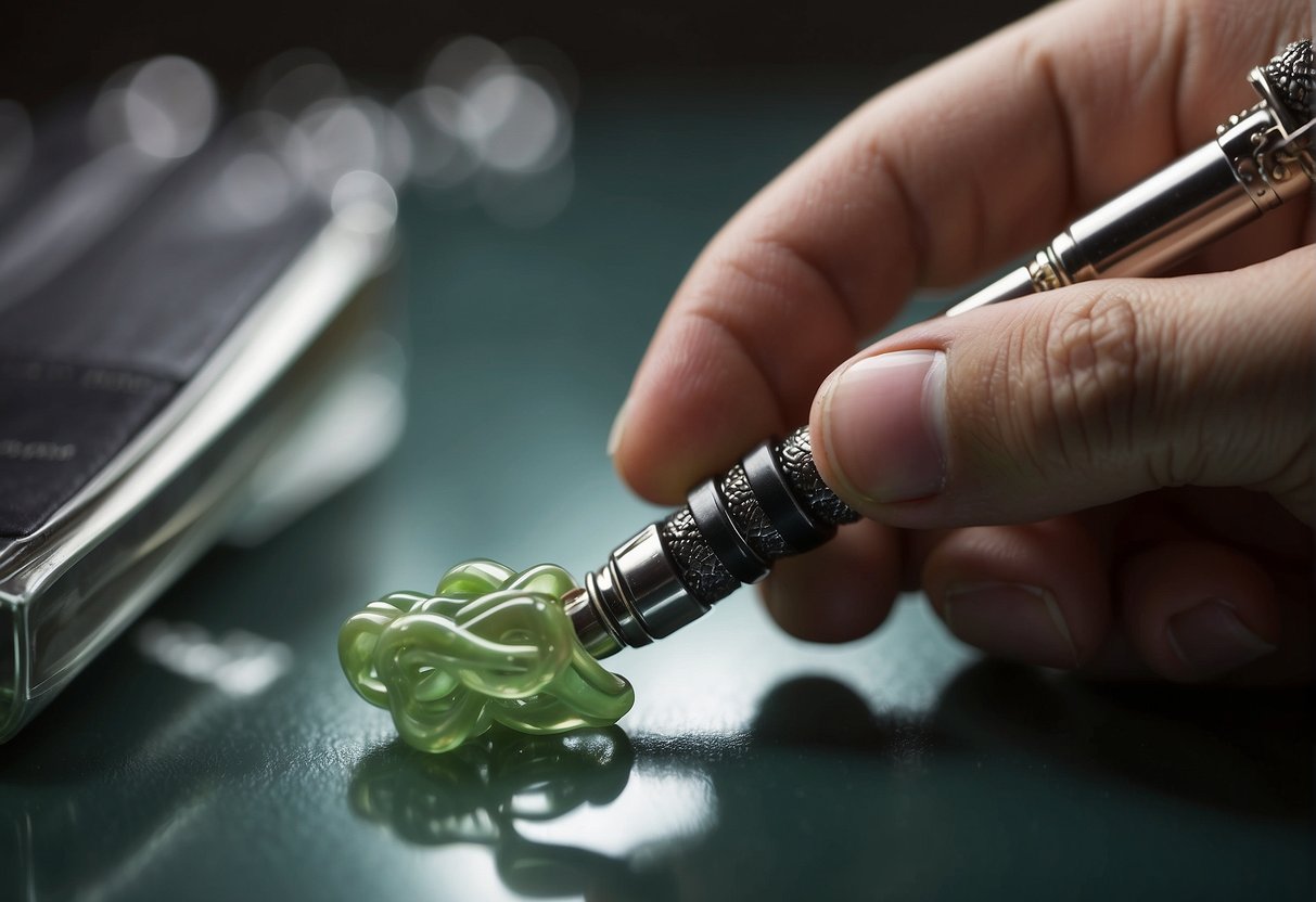 A person is holding a green glass pipe, perplexed as their ooze pen is not working.