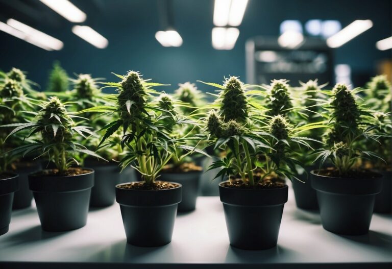 Cannabis plants in pots on a table in a drafty room.