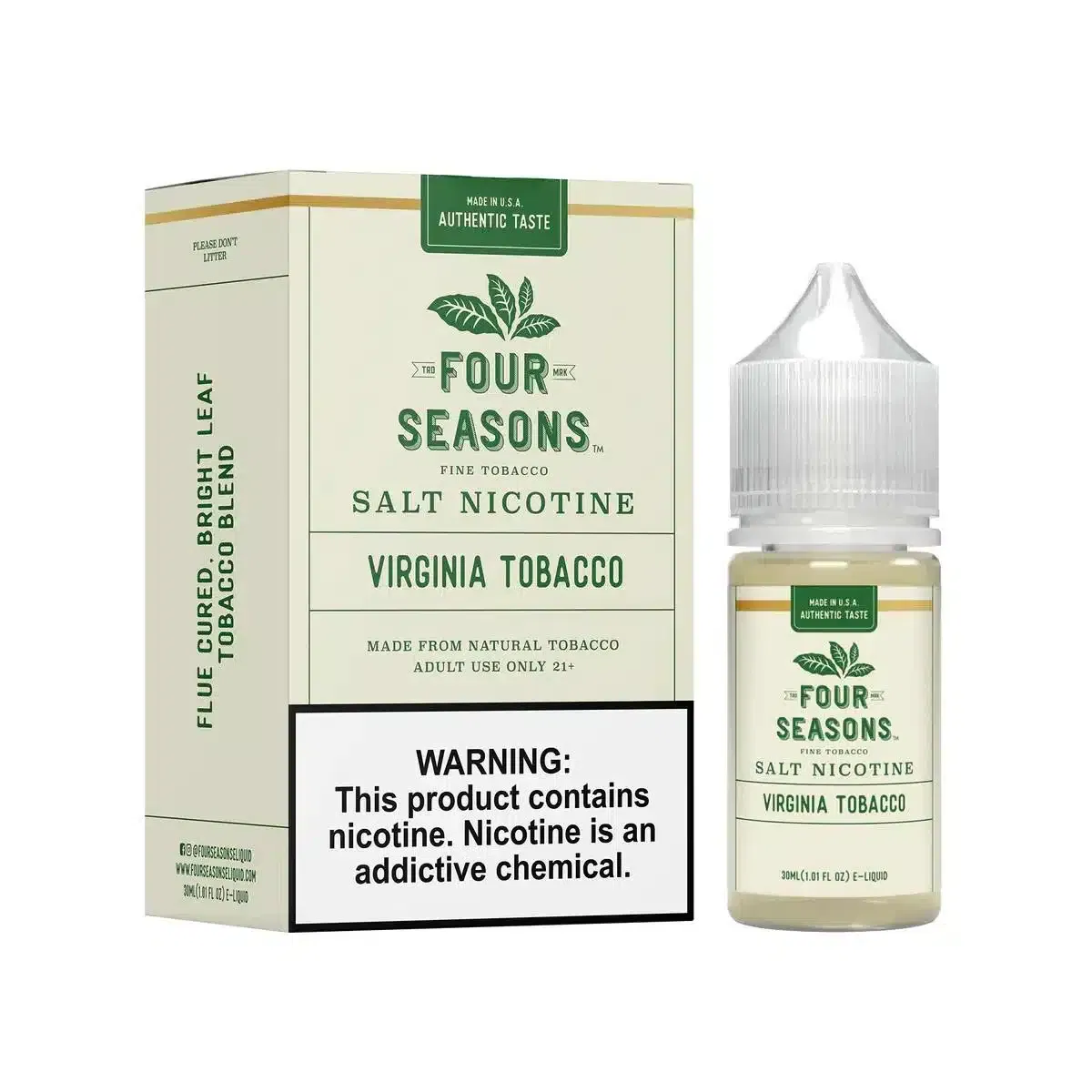 Four Seasons offers a smooth and authentic vaping experience with their Virginia Tobacco flavored nicotine salt.