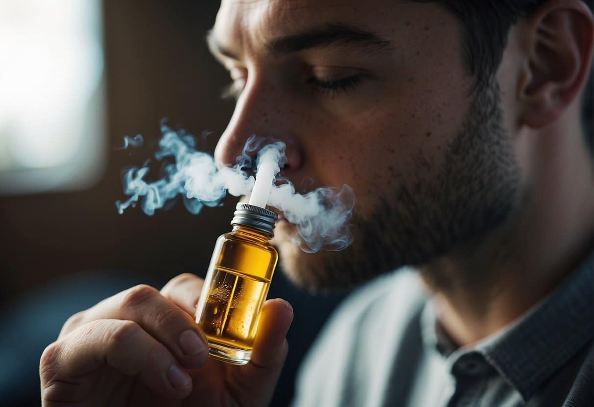 A man enjoys the sensation of vaping an e-liquid.
